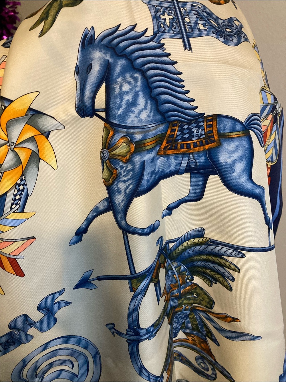 Hermes Blue Horse Print Silk Scarf with Yellow Accents